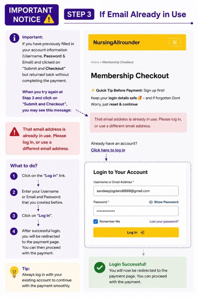 Important notice showing how to log in with an existing account if the email address is already in use