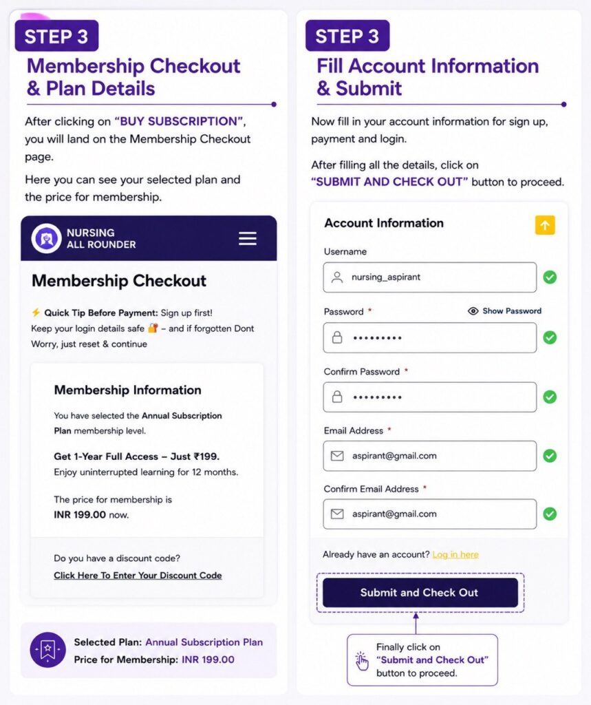 Step 3: Review membership information and fill in account details including username, password, and email address.