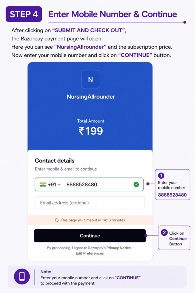 Step 4: Enter your mobile number on the Razorpay payment page and click Continue.