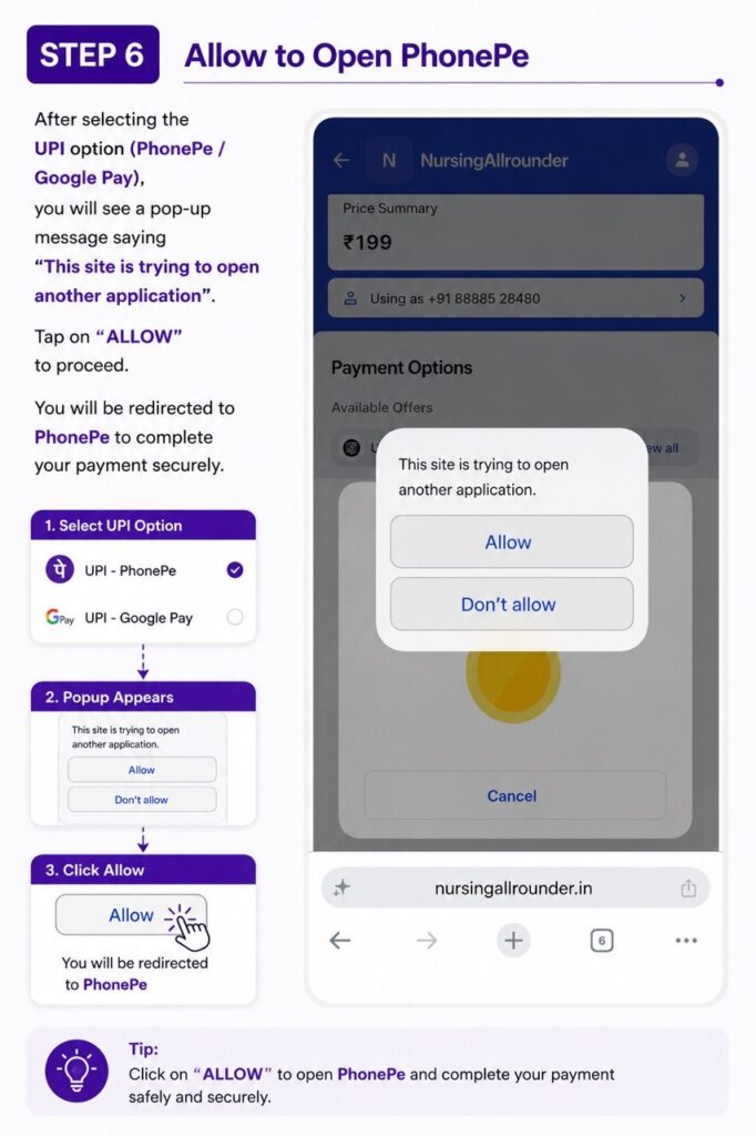 Step 6: Allow the browser to open PhonePe or another UPI application to proceed with payment.
